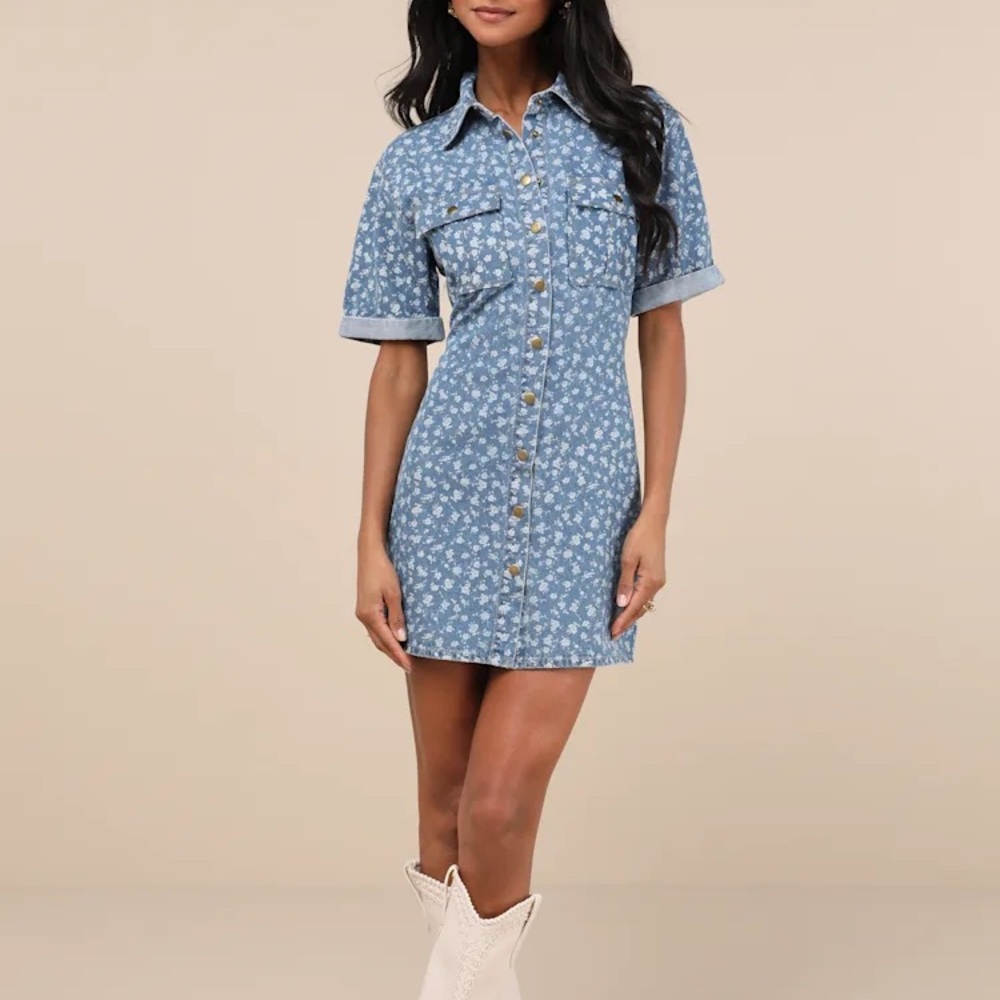 Lulus Denim Floral Button Dress Medium
